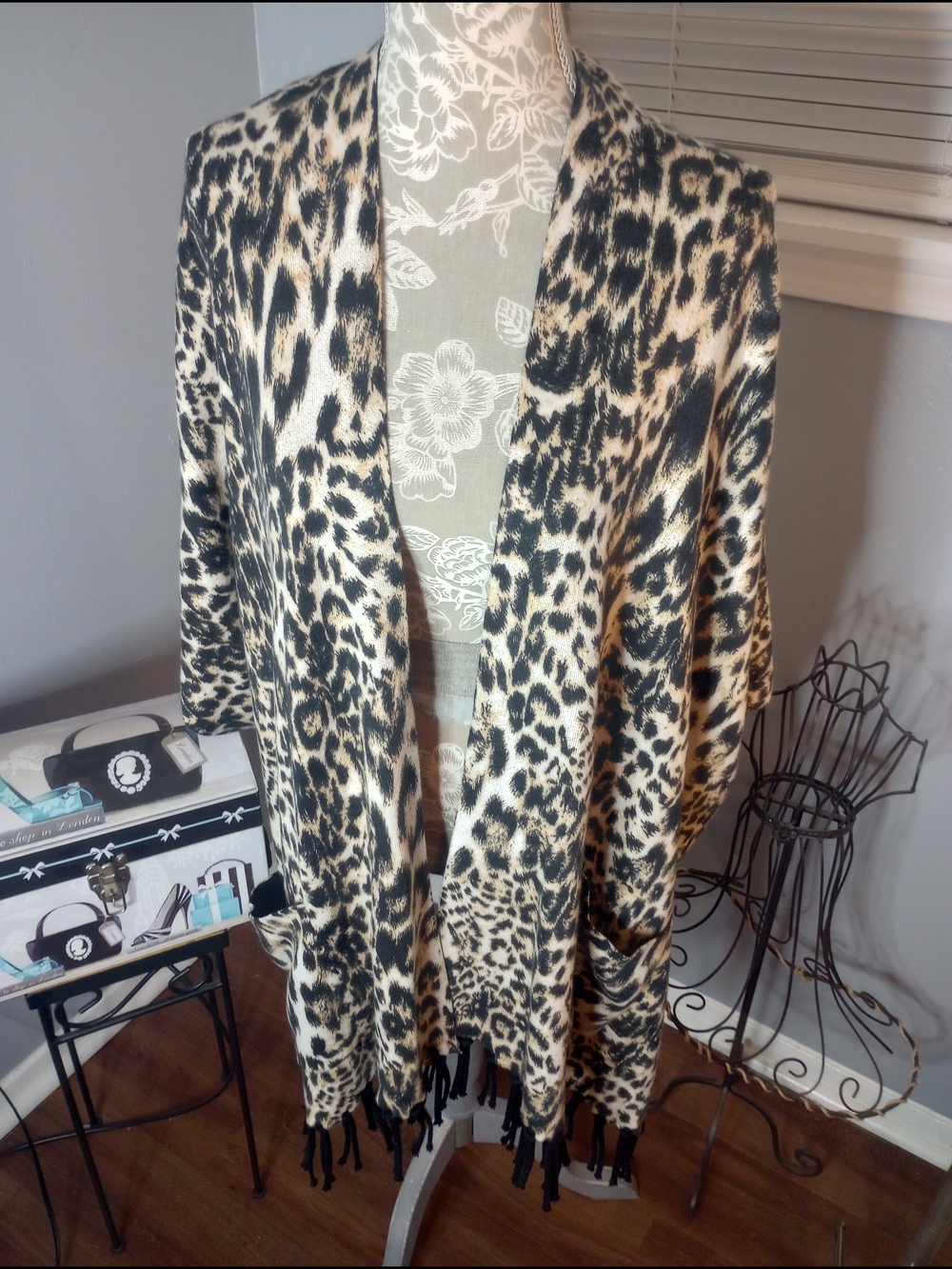 Chico's Leopard Print Fringe Shawl Cardigan - Black & Cream NWT